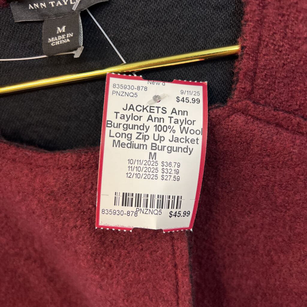 Ann Taylor Burgundy 100% Wool Long Zip Up Jacket Medium