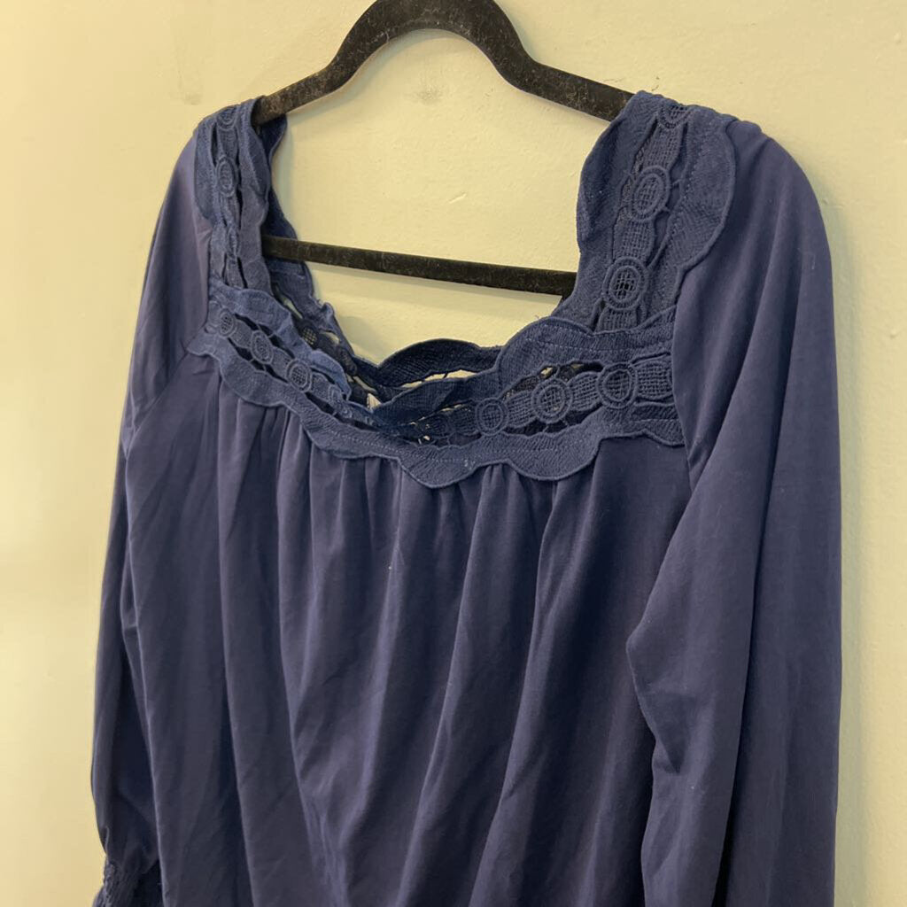 Ladmous Navy Lace Trim Long Sleeve Top Large