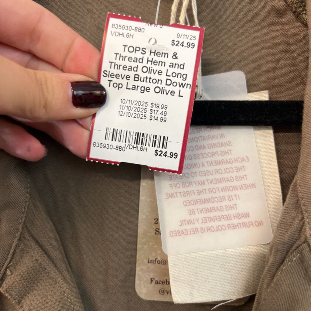 Hem and Thread Olive Long Sleeve Button Down Top Large