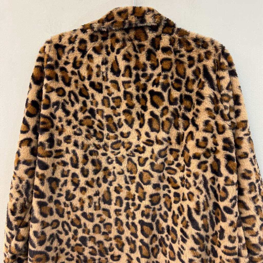 Brown/ Black Fuzzy Leopard Print Long Open Front Jacket Large