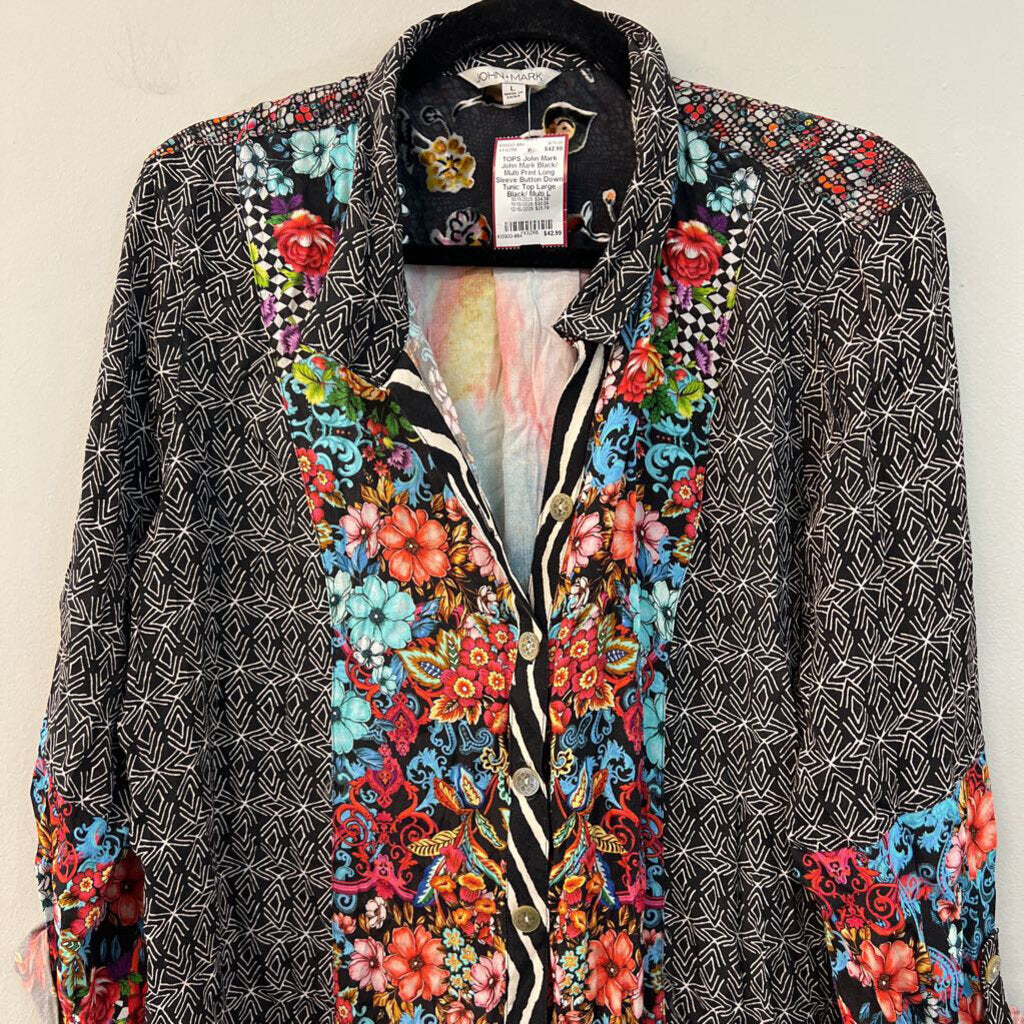 John Mark Black/ Multi Print Long Sleeve Button Down Tunic Top Large