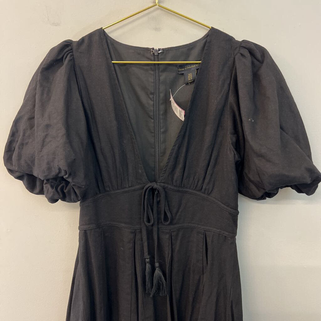 House of Harlow Black Short Puff Sleeve Deep V Neck Dress 6