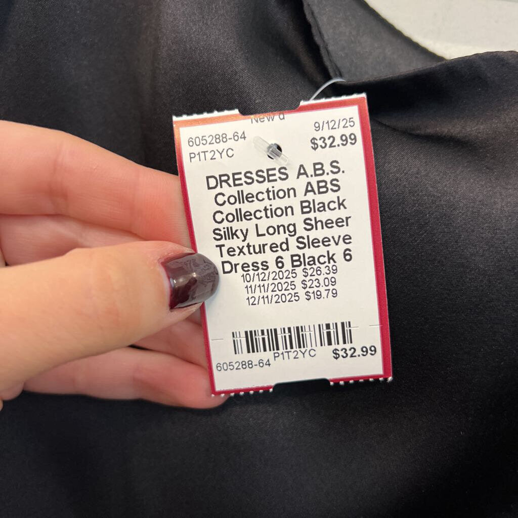 ABS Collection Black Silky Long Sheer Textured Sleeve Dress 6