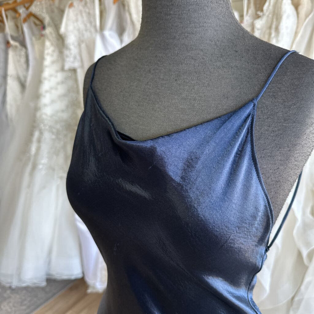 Saloni Navy Silky Cowl Neck Low Back Long Formal Dress 2