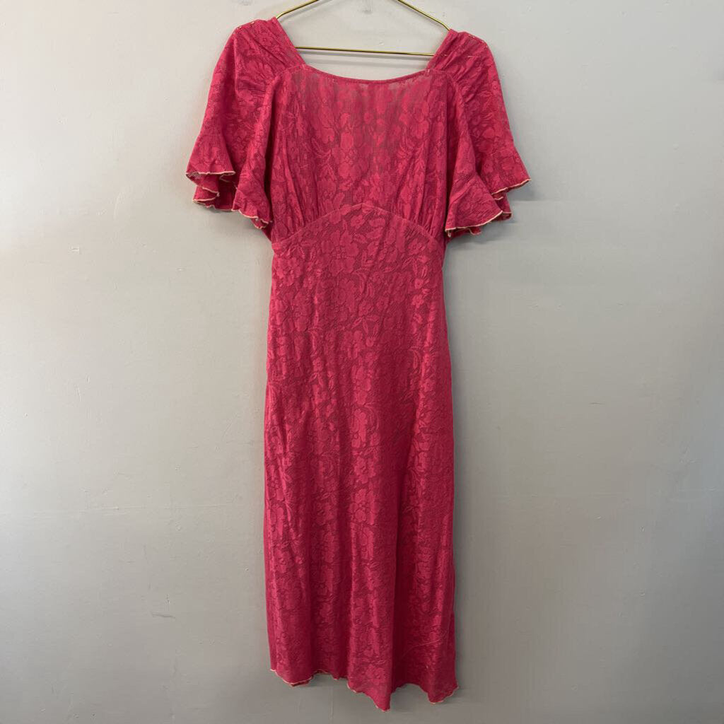 Free People Pink Linen Midi Skirt/ Crop Top With Lace Dress Overlay Medium