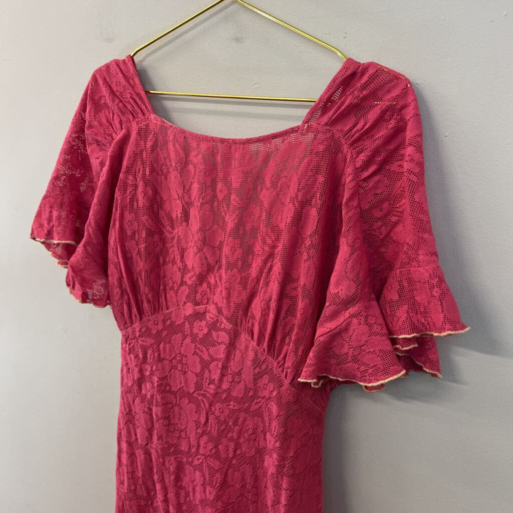 Free People Pink Linen Midi Skirt/ Crop Top With Lace Dress Overlay Medium