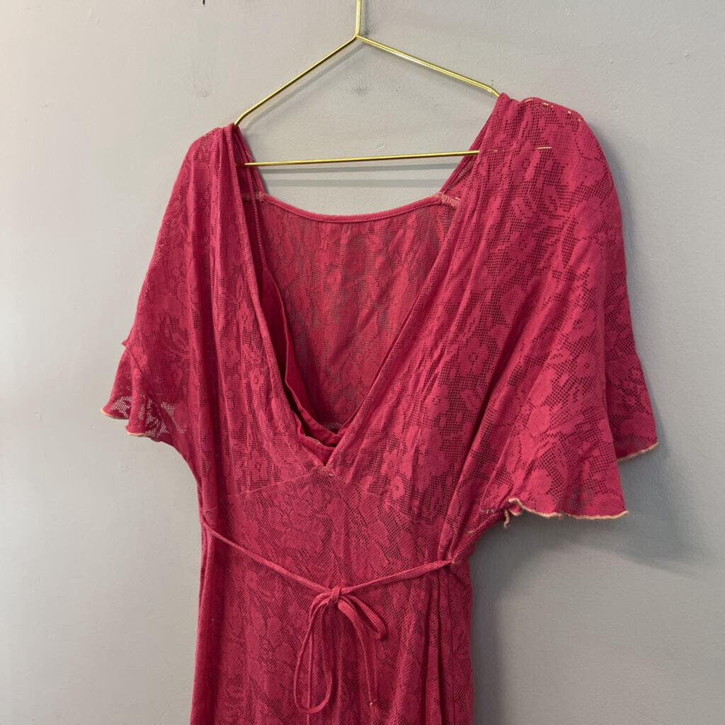 Free People Pink Linen Midi Skirt/ Crop Top With Lace Dress Overlay Medium