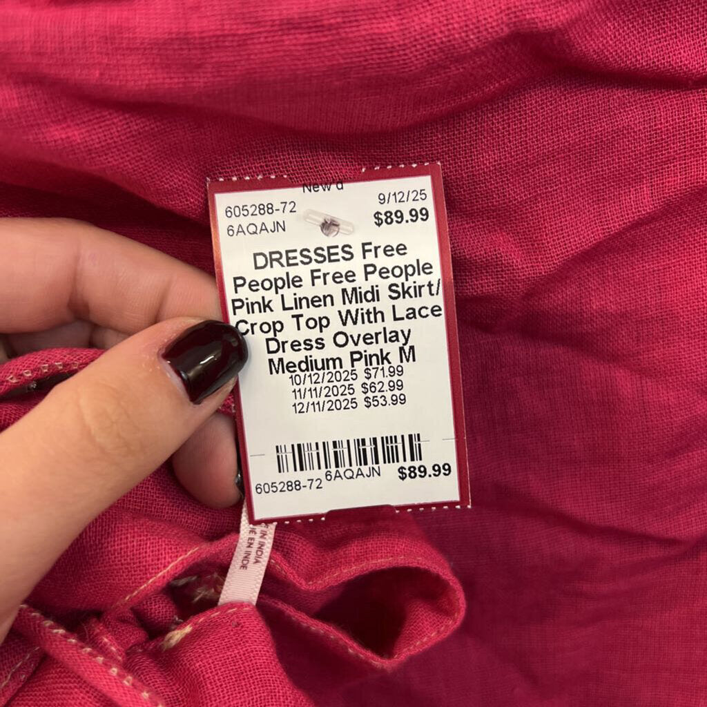 Free People Pink Linen Midi Skirt/ Crop Top With Lace Dress Overlay Medium