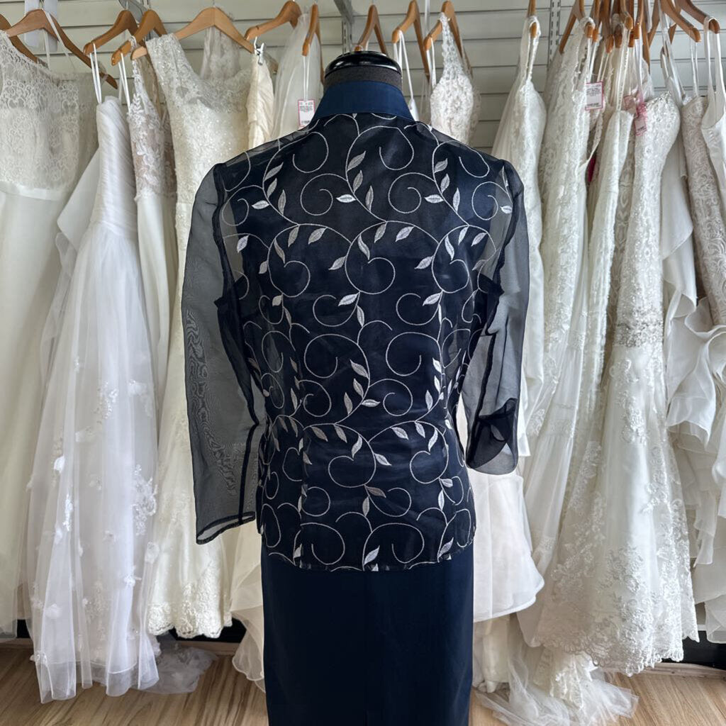 Ever Beauty Navy Embroidered Jacket 2 Piece Long Formal Dress 10 Petite