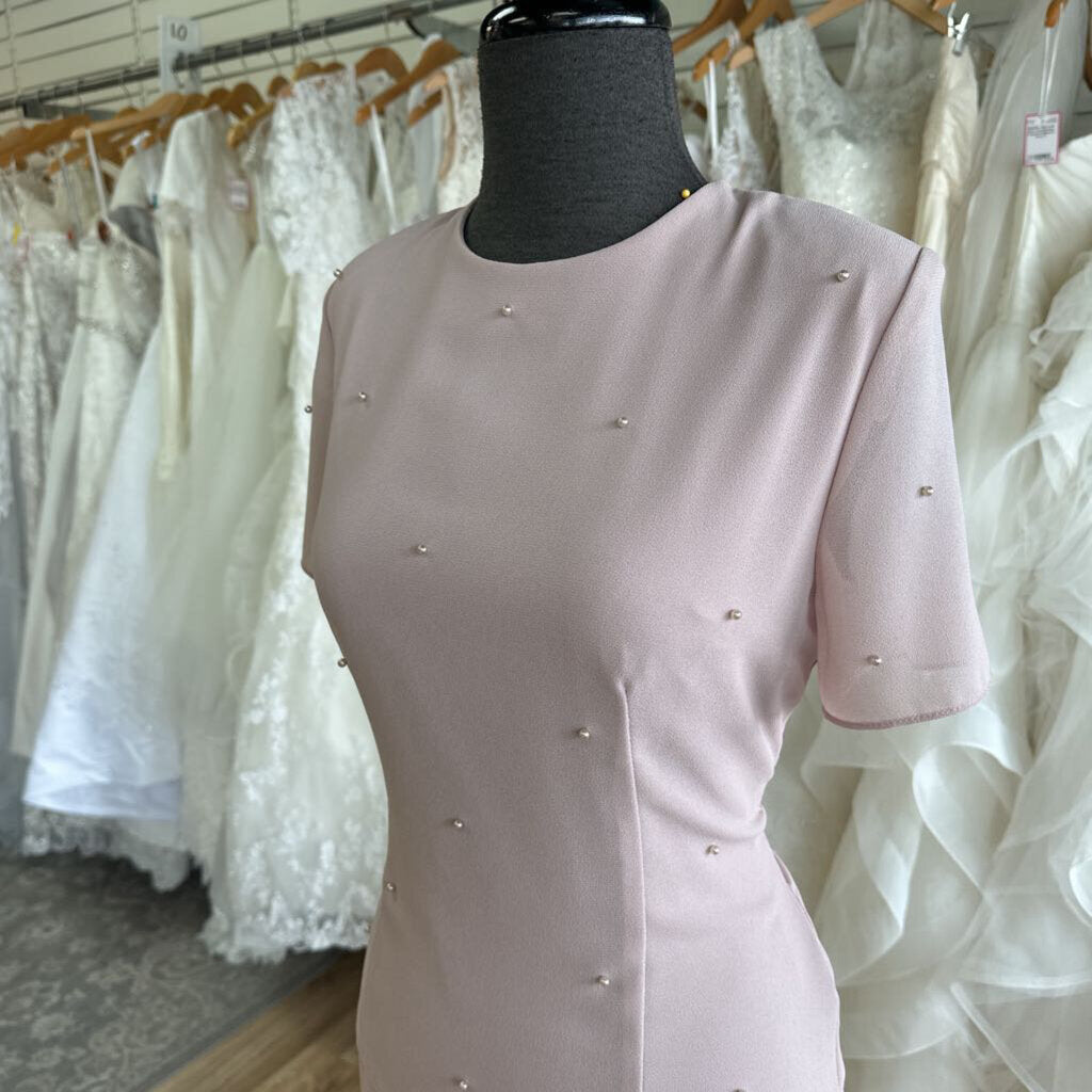 Patra Blush Pearl Detail Short Sleeve Long Formal Dress 10