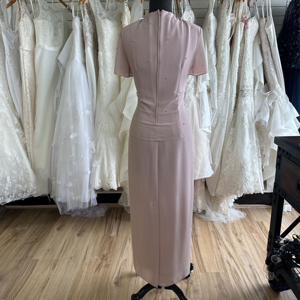 Patra Blush Pearl Detail Short Sleeve Long Formal Dress 10