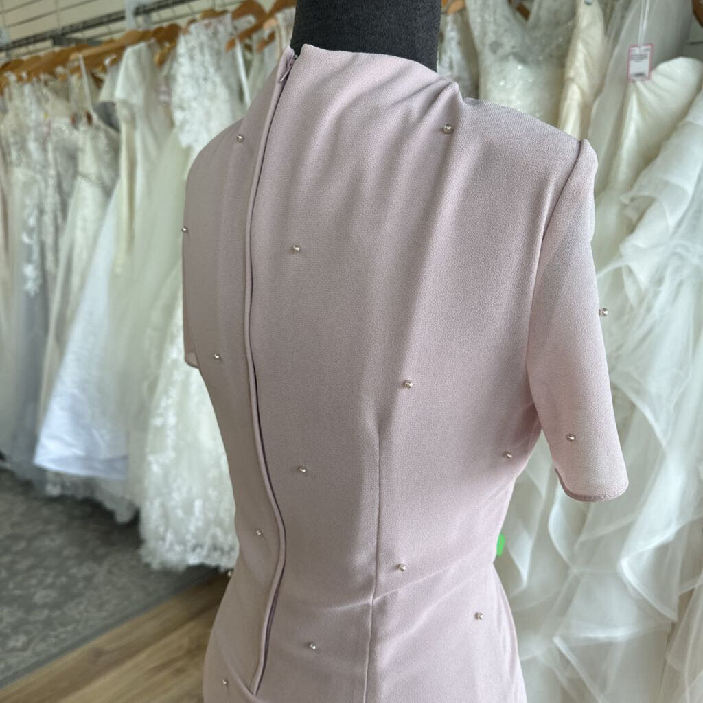Patra Blush Pearl Detail Short Sleeve Long Formal Dress 10