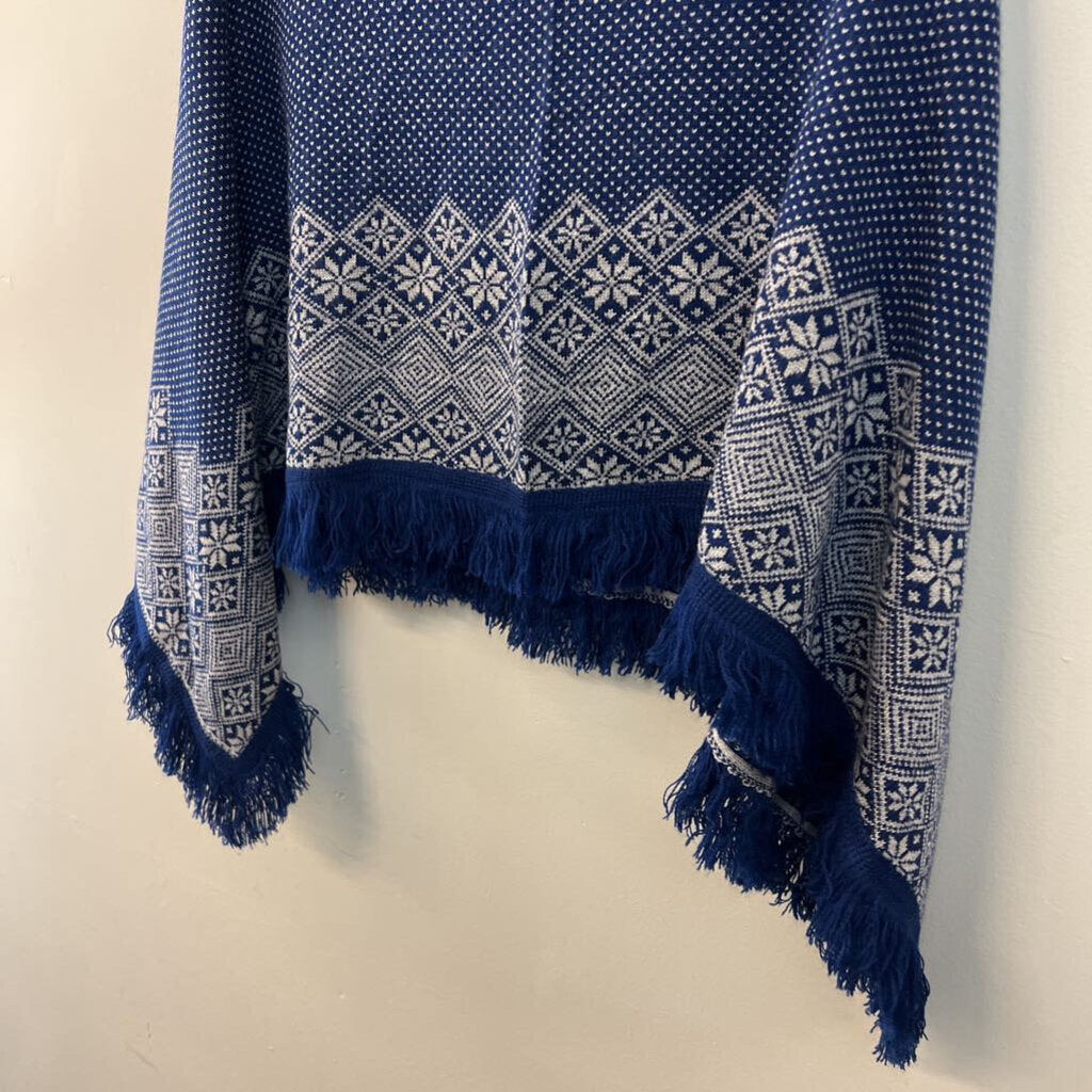 Blue/ White Print Pullover Poncho Sweater One Size