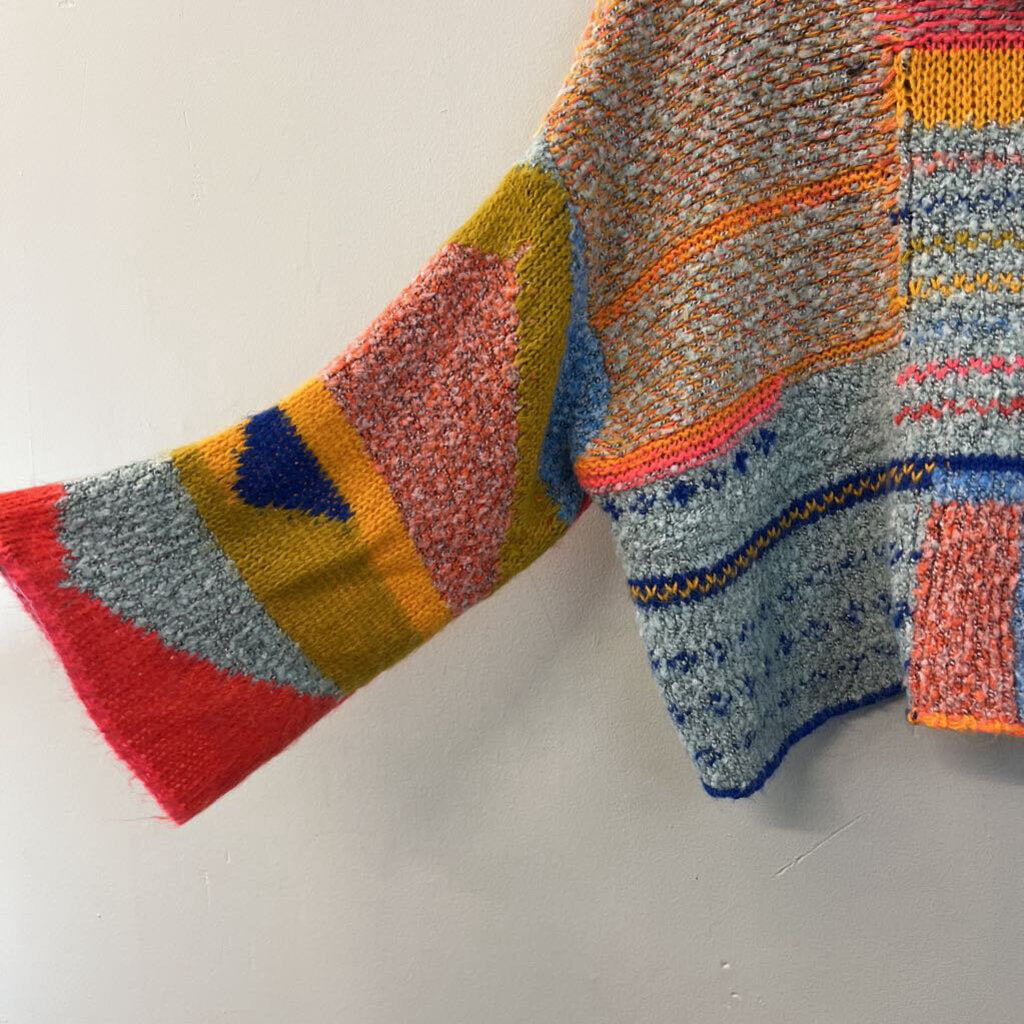 Sincerely Jules Blue/ Multi Bright Knit Print Cropped Turtleneck Sweater Small