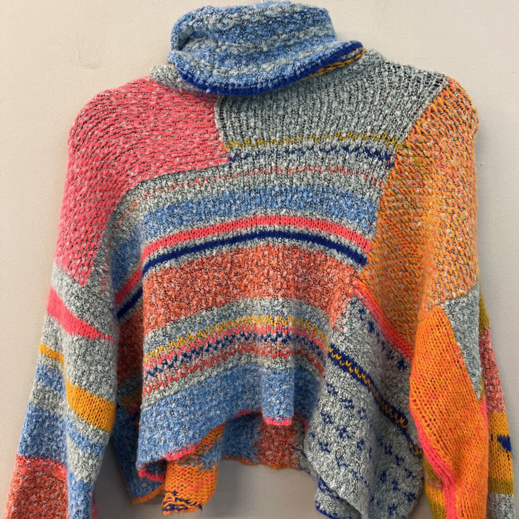 Sincerely Jules Blue/ Multi Bright Knit Print Cropped Turtleneck Sweater Small