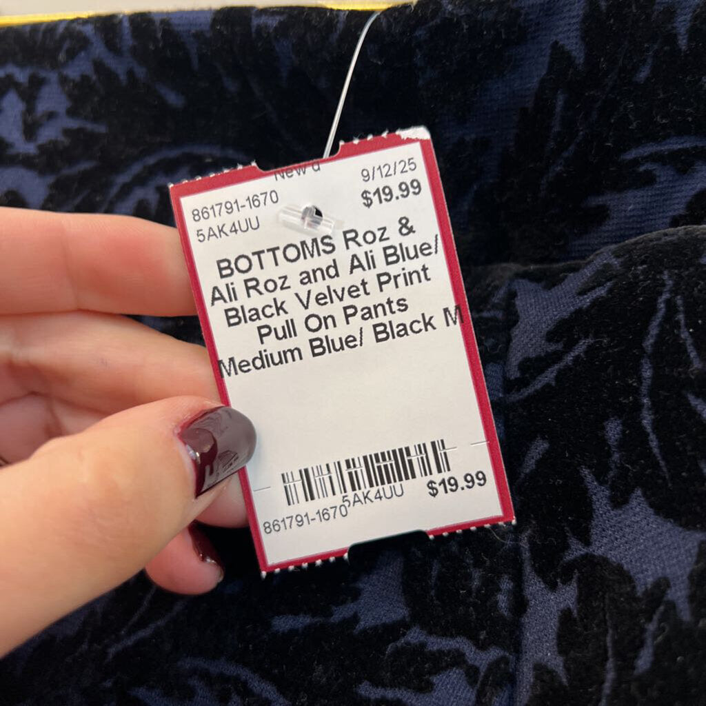 Roz and Ali Blue/ Black Velvet Print Pull On Pants Medium