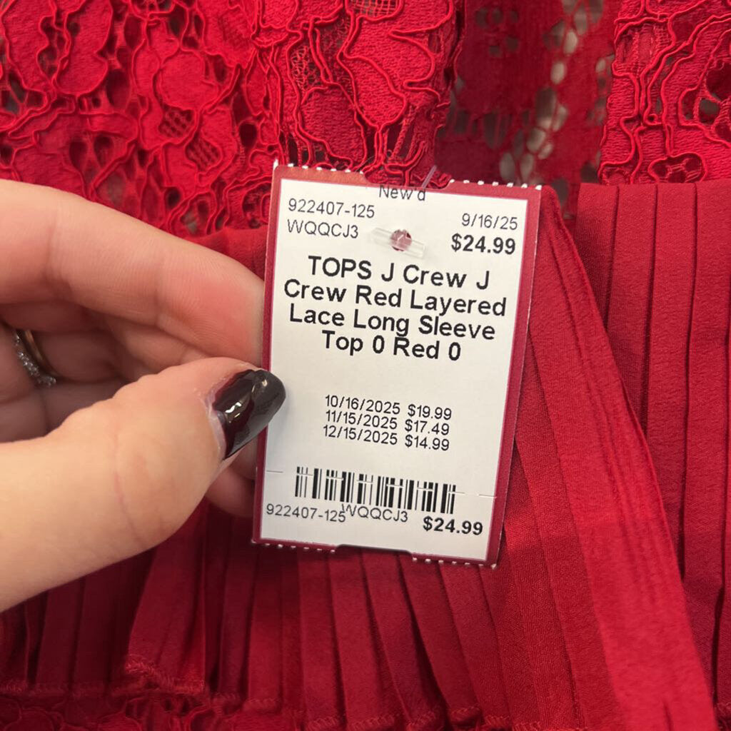 J Crew Red Layered Lace Long Sleeve Top 0