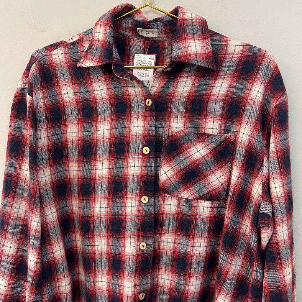 POL Red/ White Plaid Long Sleeve Button Down Top Large