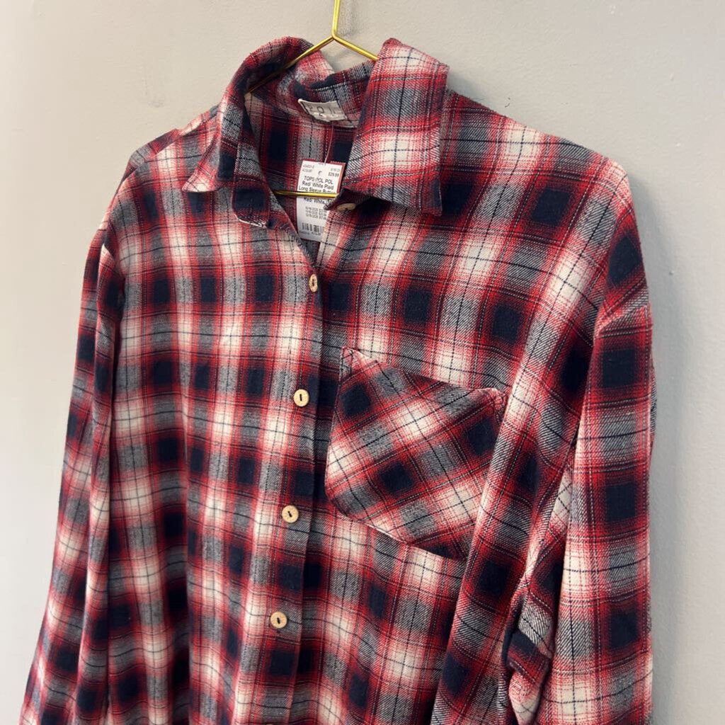 POL Red/ White Plaid Long Sleeve Button Down Top Large