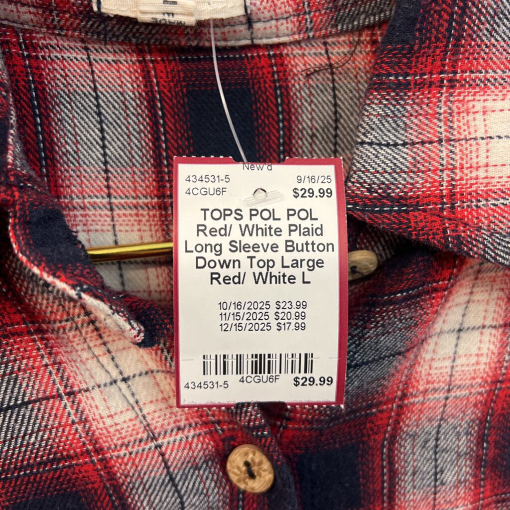 POL Red/ White Plaid Long Sleeve Button Down Top Large