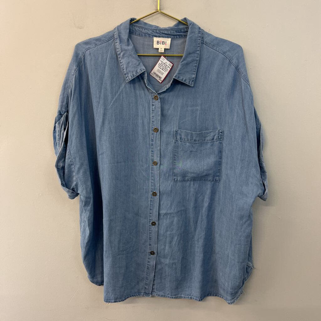 Bibi Blue Short Sleeve Chambray Button Down Top Extra Large