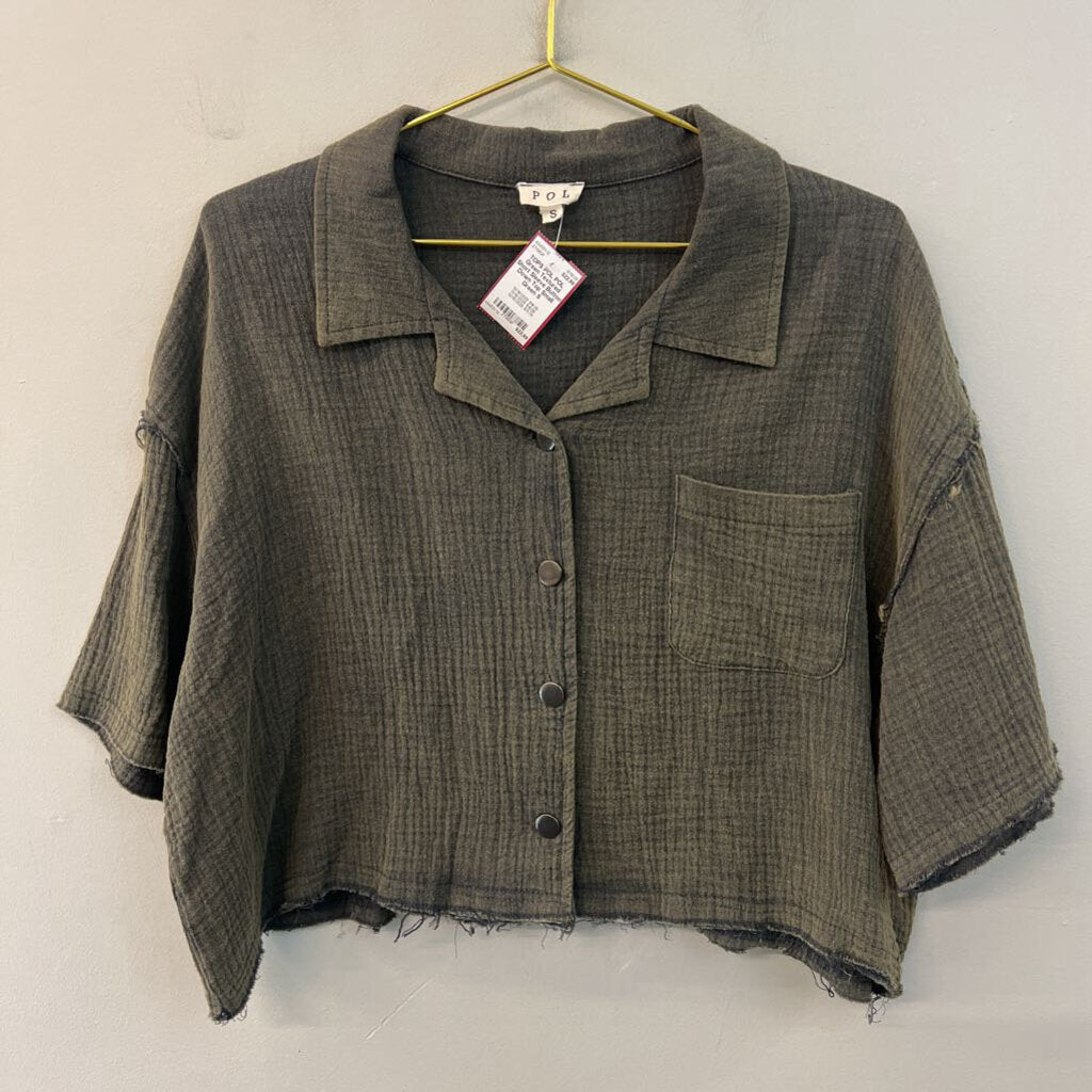 POL Green Textured Short Sleeve Button Down Top Small