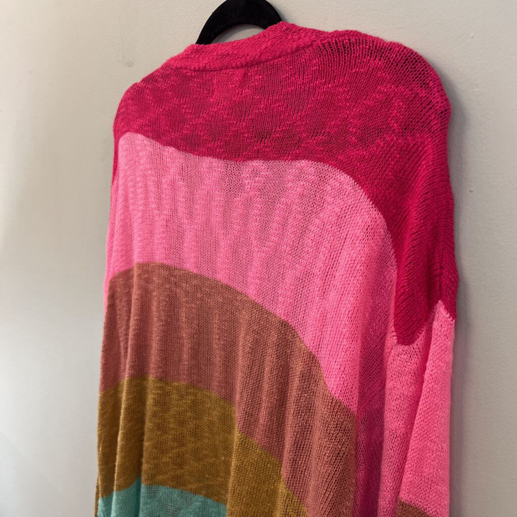 Bibi Pink/ Multi Striped Knit Open Front Cardigan Sweater Medium