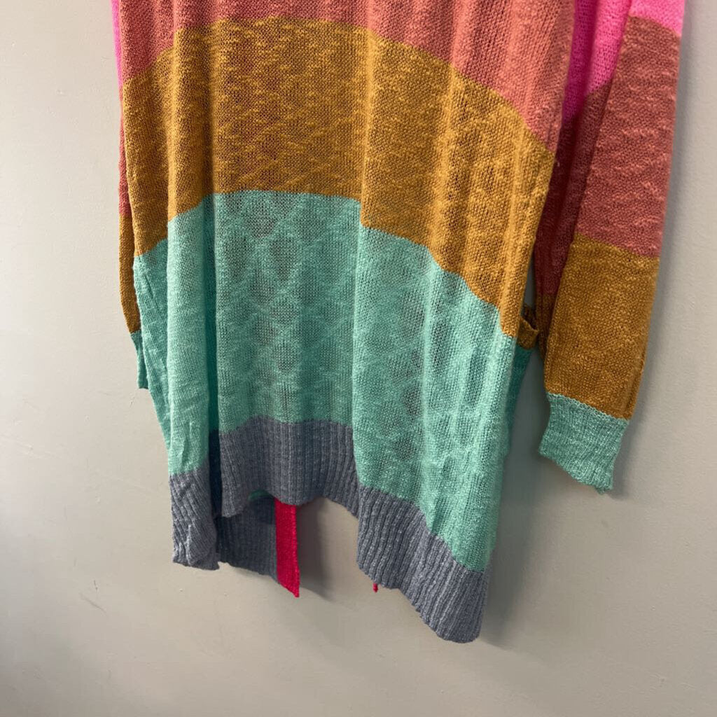 Bibi Pink/ Multi Striped Knit Open Front Cardigan Sweater Medium