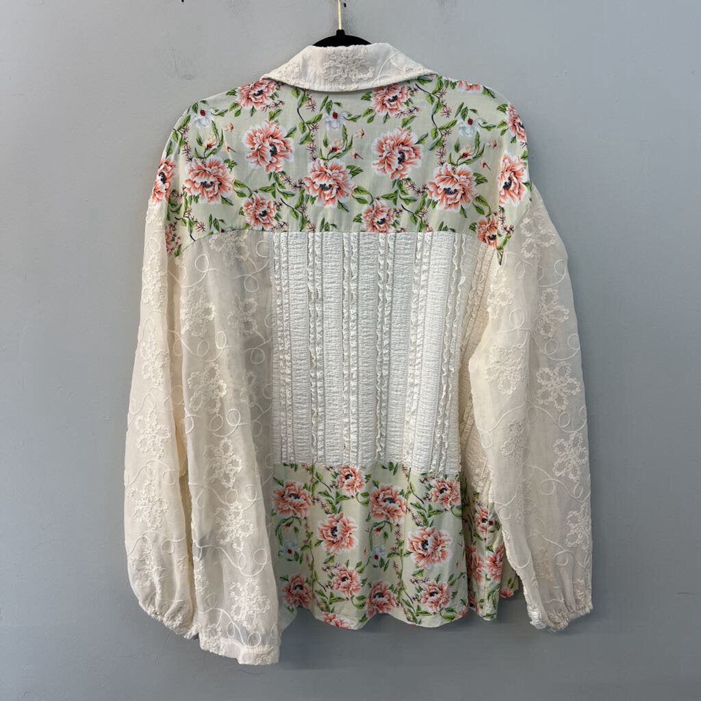 POL Cream/ Multi Pint Long Sleeve Button Down Top Medium