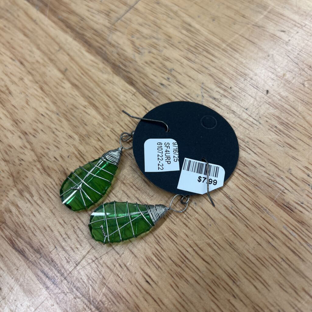 Silver/ Green Stone Drop Earrings