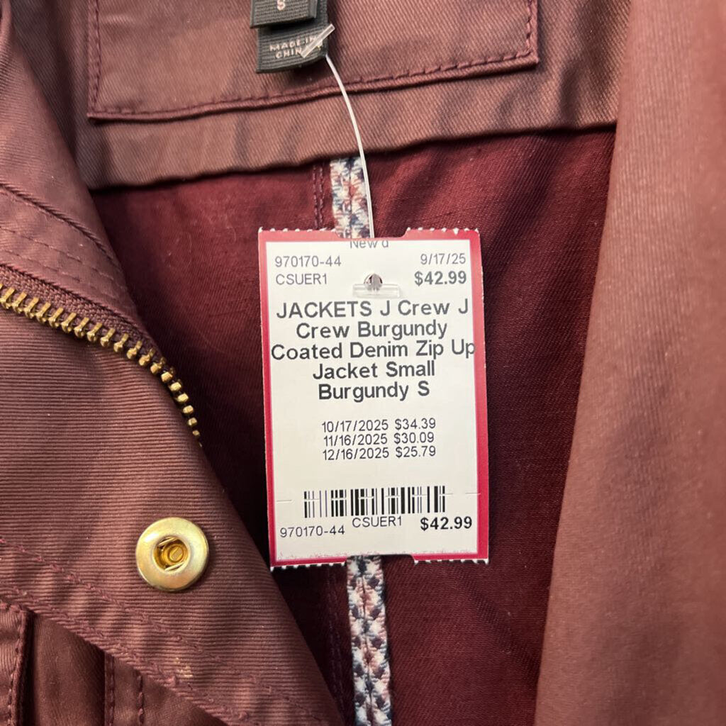 J Crew Burgundy Coated Denim Zip Up Jacket Small