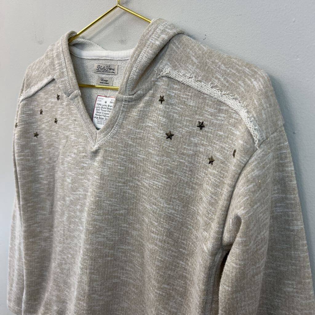 Lucky Brand Beige/ Gold Thread Star Detail Cropped Hooded Pullover Large