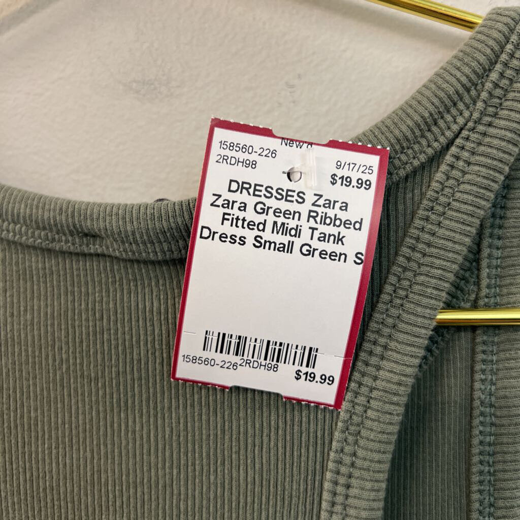 Zara Green Ribbed Fitted Midi Tank Dress Small