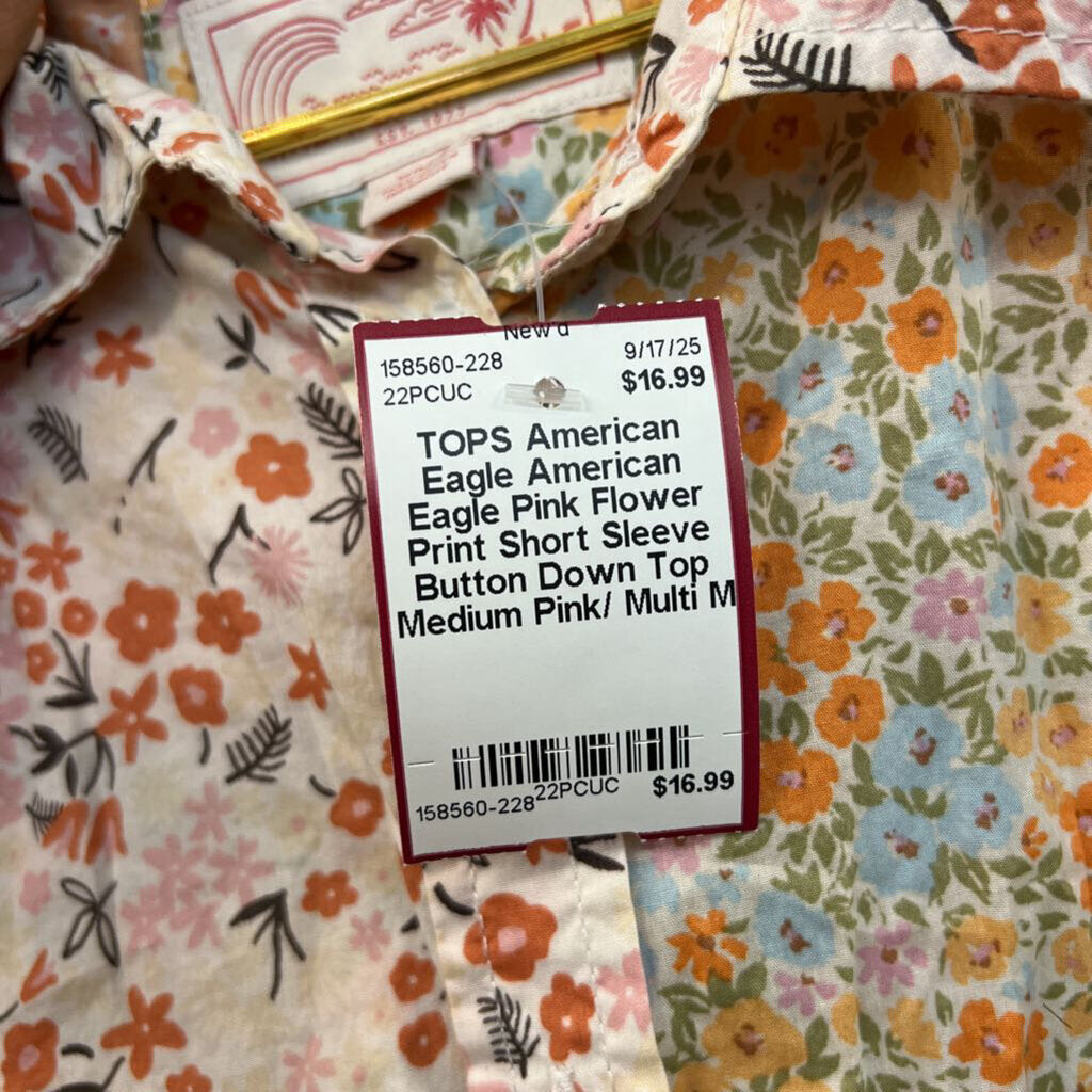 American Eagle Pink Flower Print Short Sleeve Button Down Top Medium