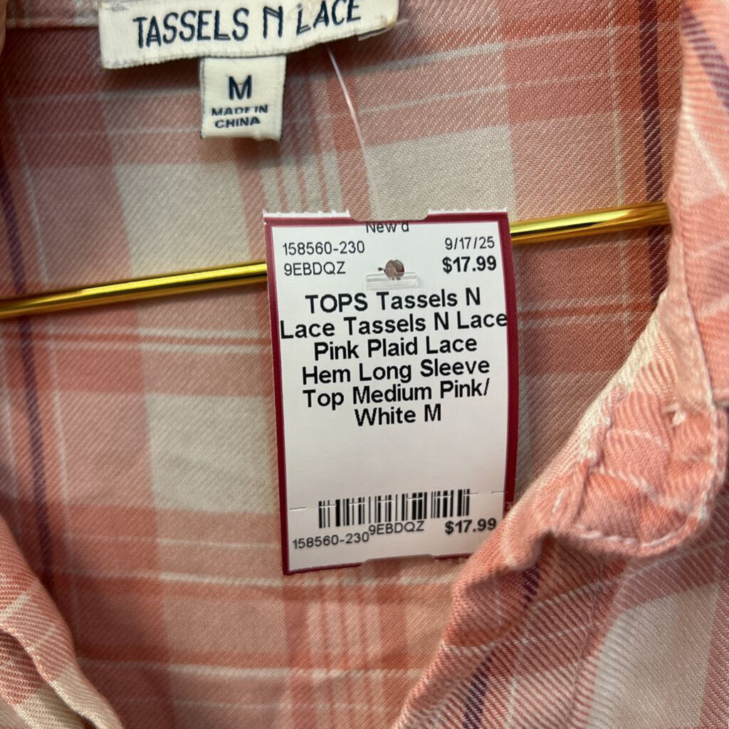 Tassels N Lace Pink Plaid Lace Hem Long Sleeve Top Medium