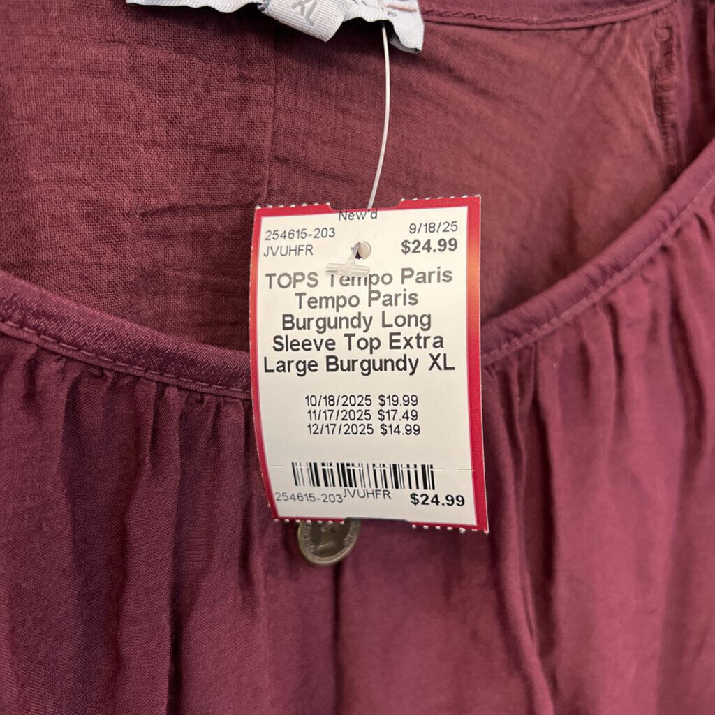 Tempo Paris Burgundy Long Sleeve Top Extra Large