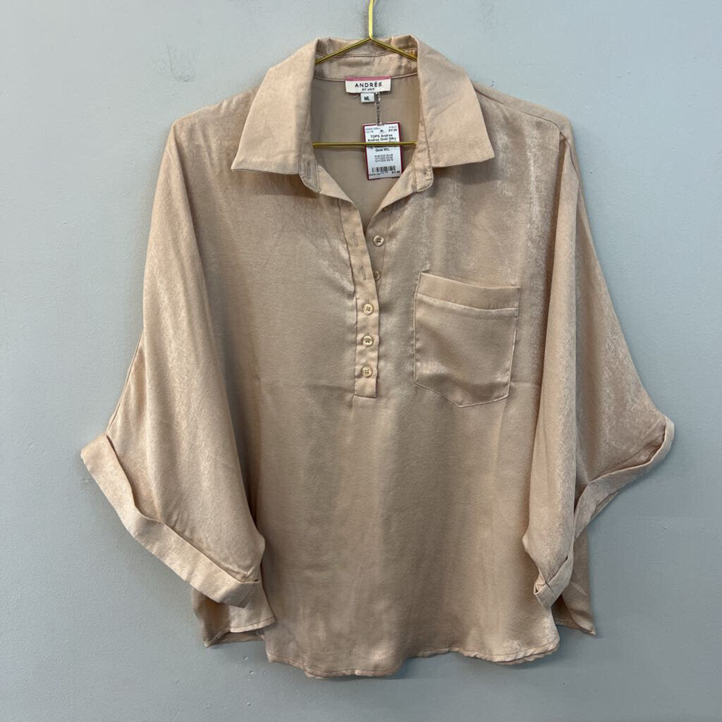 Andree Gold Silky Short Sleeve Boxy Top Medium/ Large