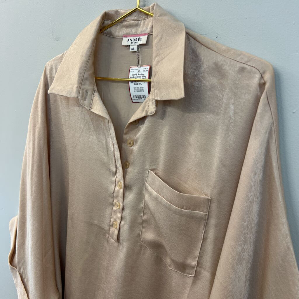 Andree Gold Silky Short Sleeve Boxy Top Medium/ Large
