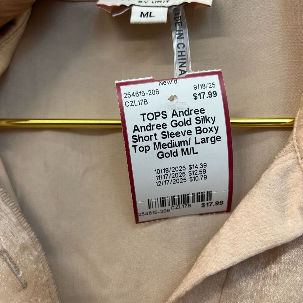 Andree Gold Silky Short Sleeve Boxy Top Medium/ Large