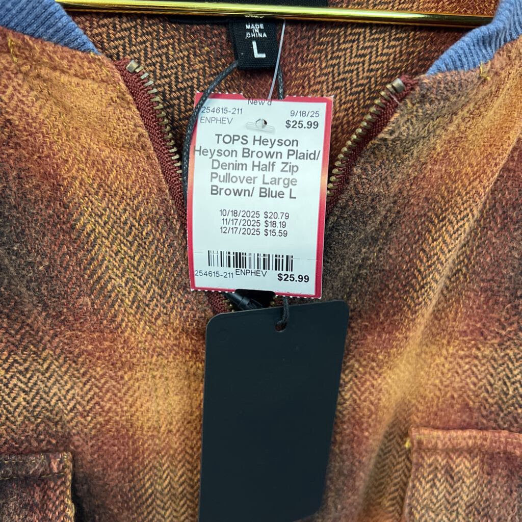 Heyson Brown Plaid/ Denim Half Zip Pullover Large