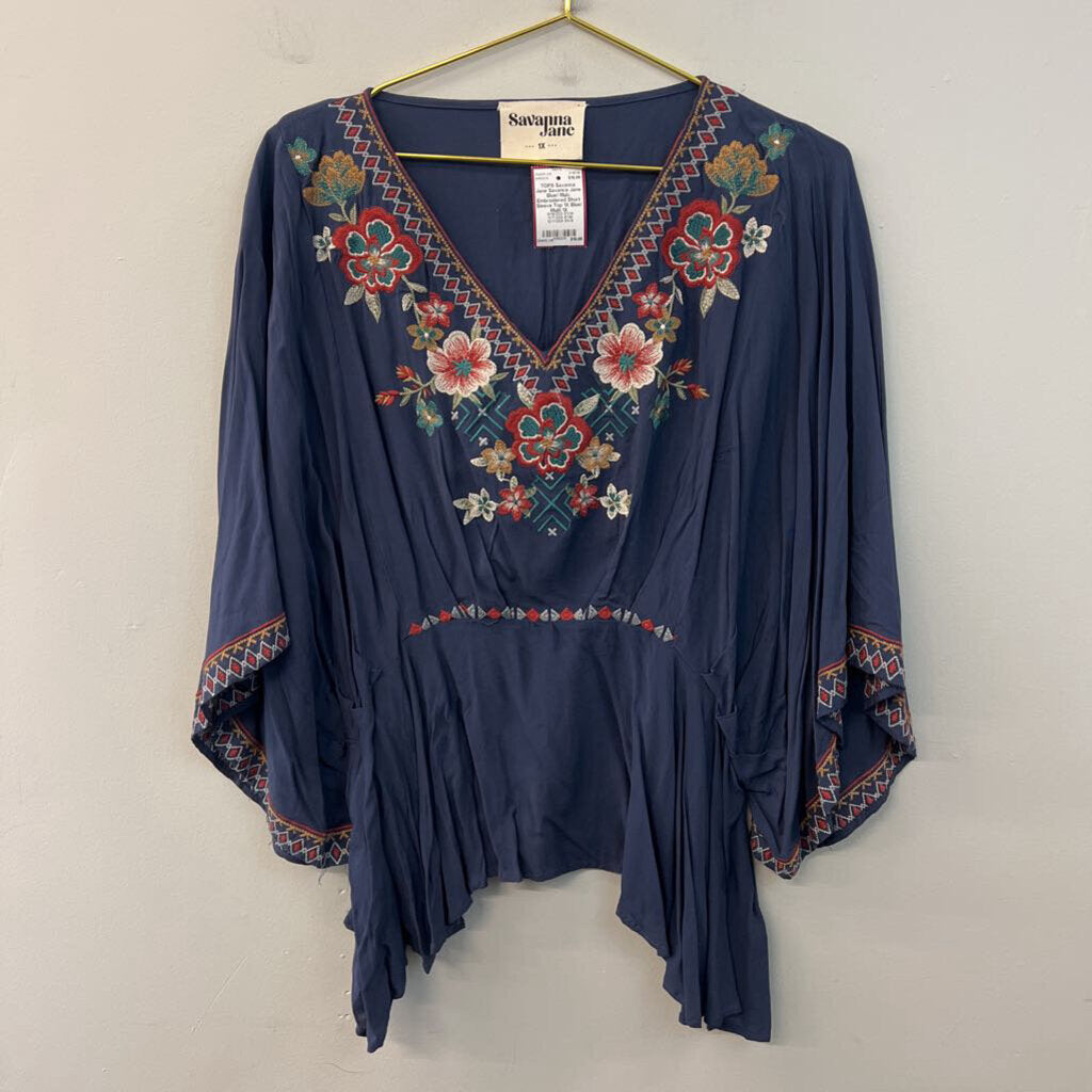 Savanna Jane Blue/ Multi Embroidered Short Sleeve Top 1X