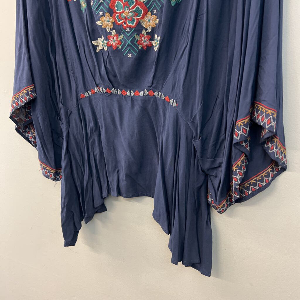 Savanna Jane Blue/ Multi Embroidered Short Sleeve Top 1X