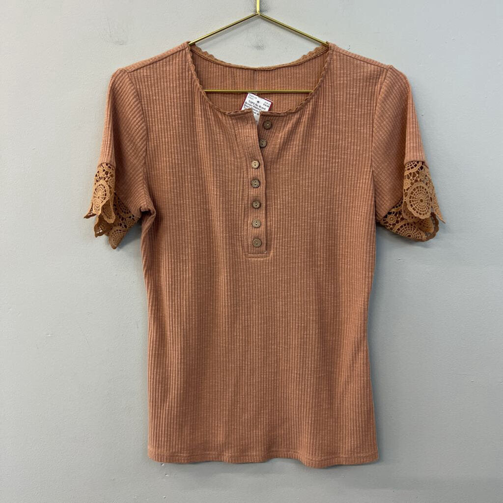 Brown Ribbed Lace Short Sleeve Henley Top Medium