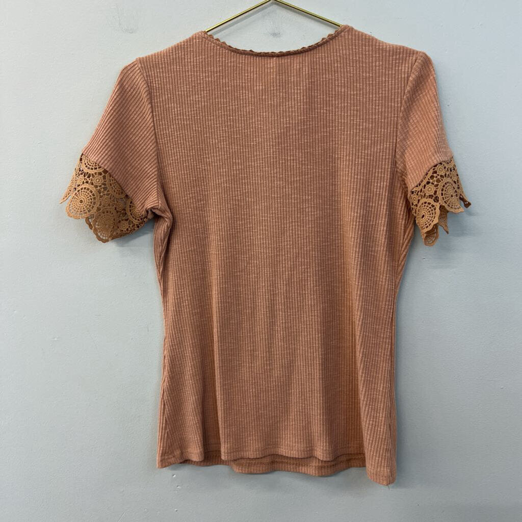 Brown Ribbed Lace Short Sleeve Henley Top Medium