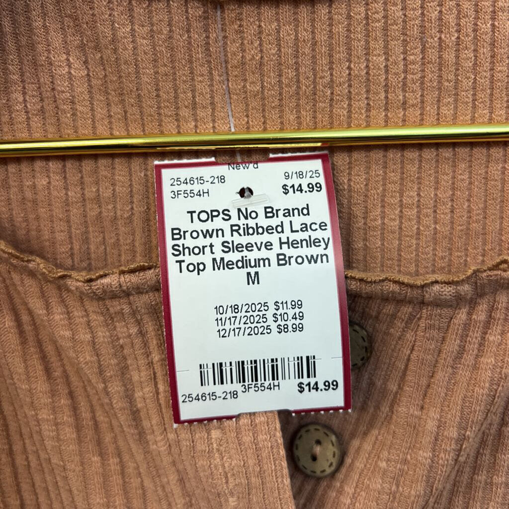Brown Ribbed Lace Short Sleeve Henley Top Medium