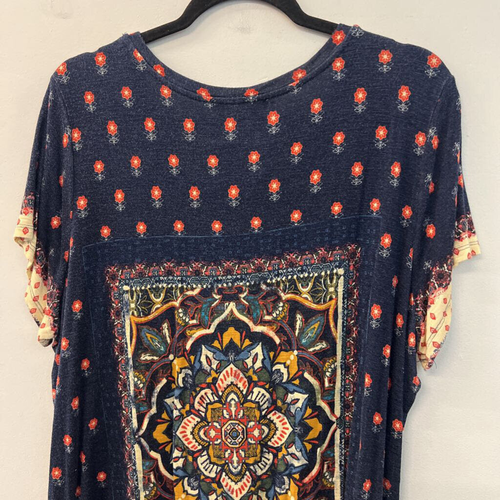 Famers Market Navy/ Multi Print Short Sleeve To 1X