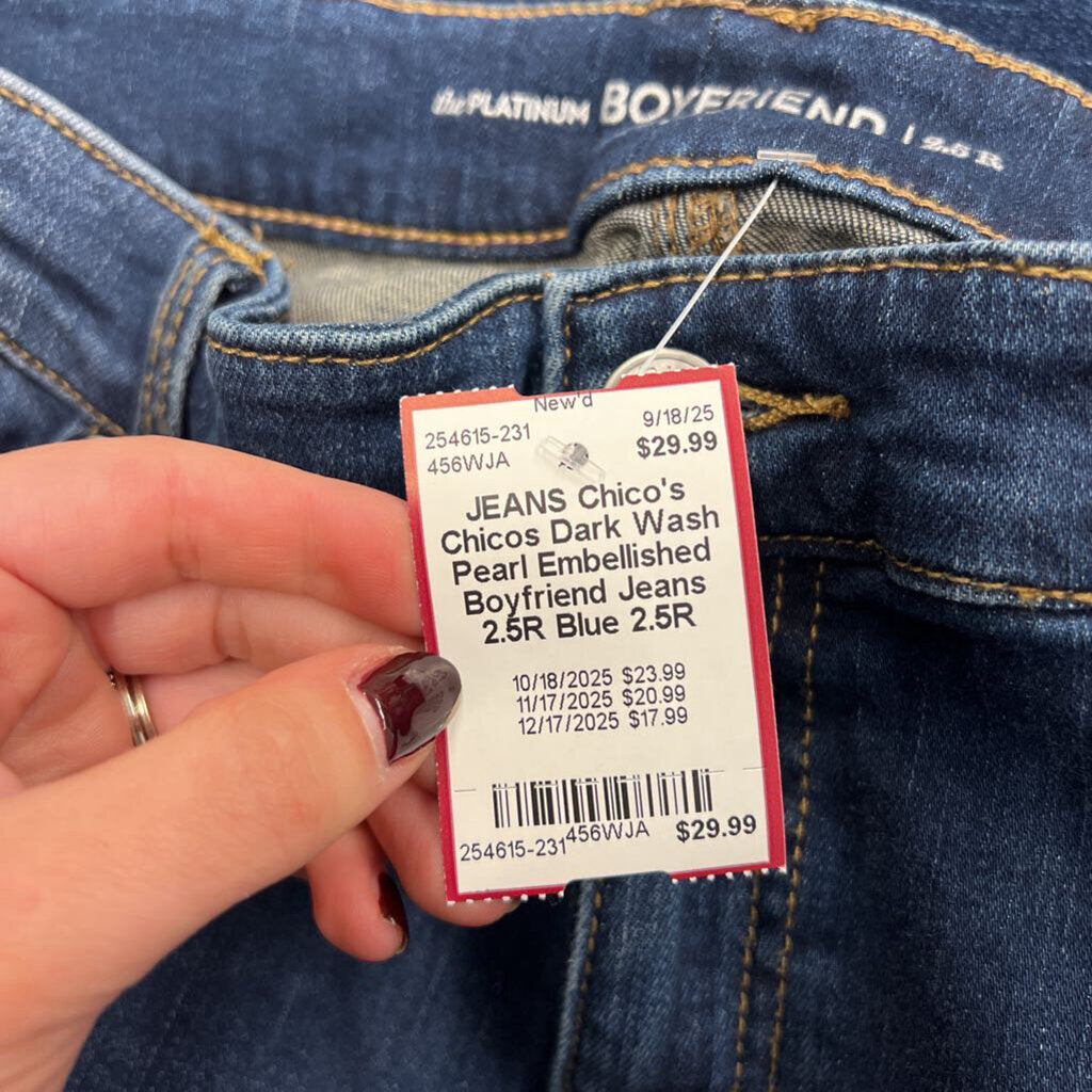 Chicos Dark Wash Pearl Embellished Boyfriend Jeans 2.5R