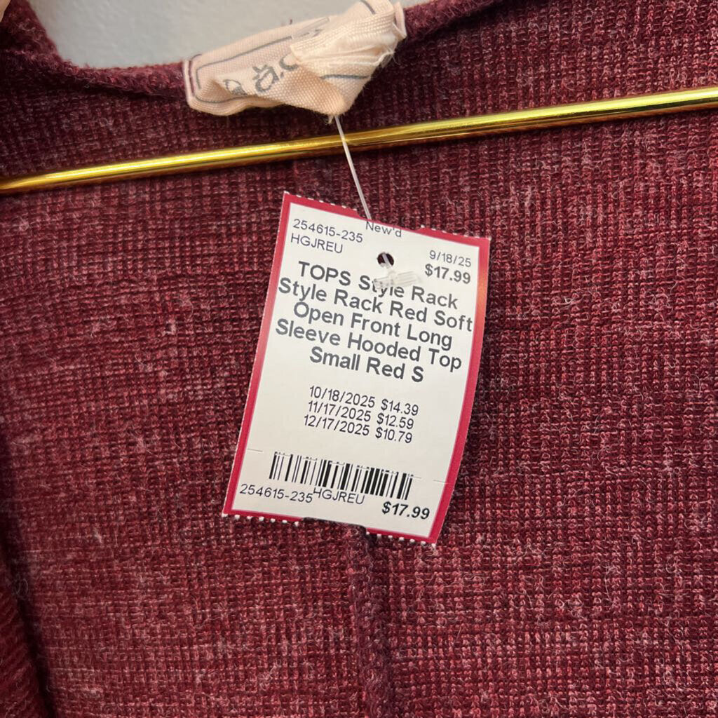 Style Rack Red Soft Open Front Long Sleeve Hooded Top Small