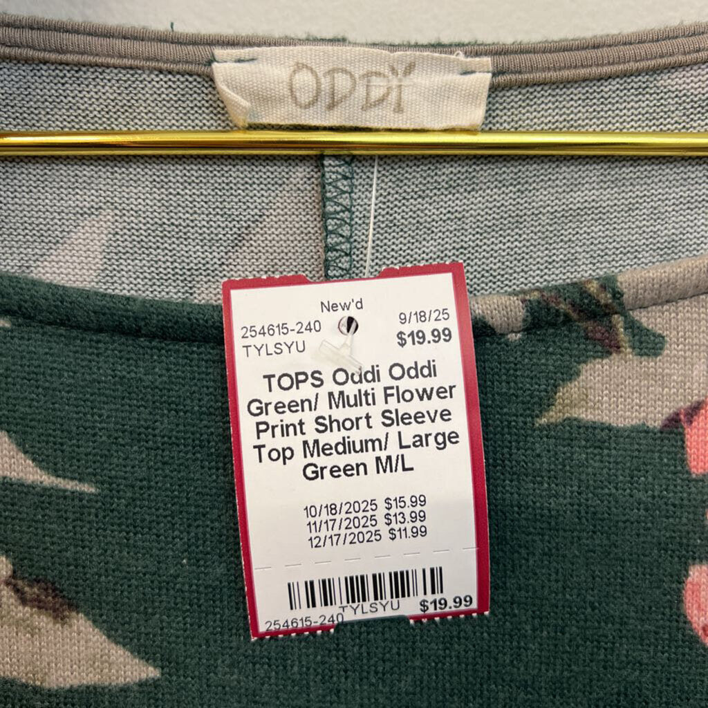 Oddi Green/ Multi Flower Print Short Sleeve Top Medium/ Large