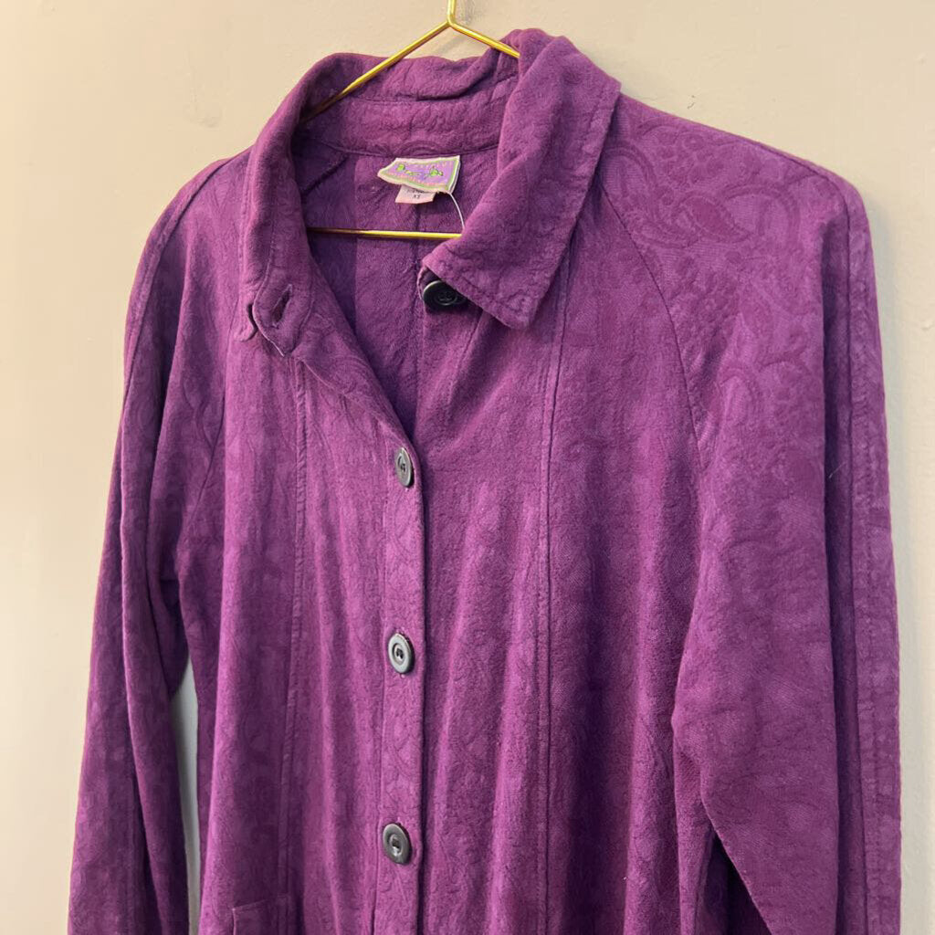 Eucalyptus Purple Textured Print Long Sleeve Button Down Shacket Top Extra Small